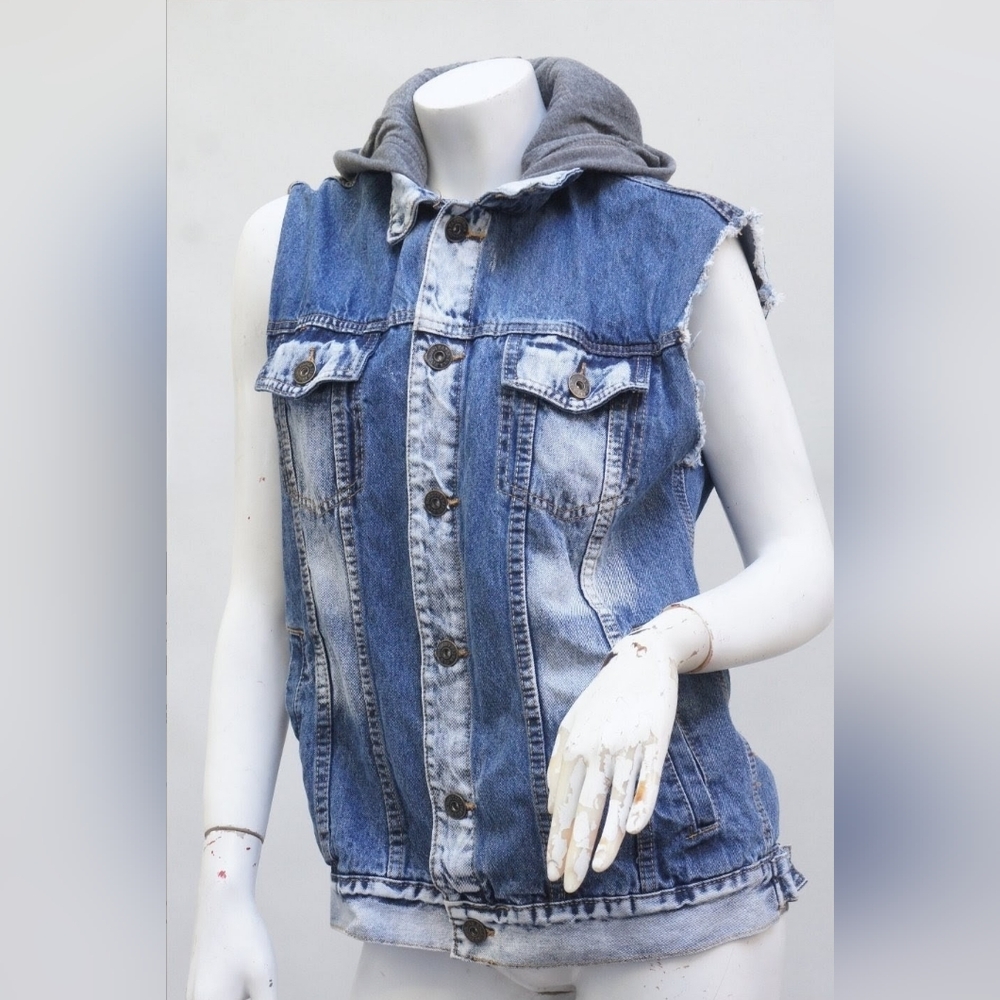 Distressed Blue Denim Hooded Vest - Women's Layering Jean Jacket
